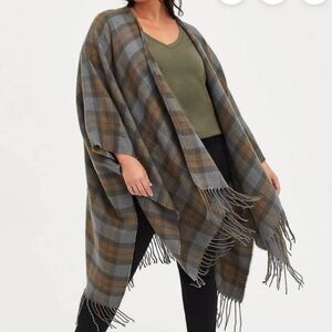 Torrid Gray and Brown Plaid Fringe Wrap
